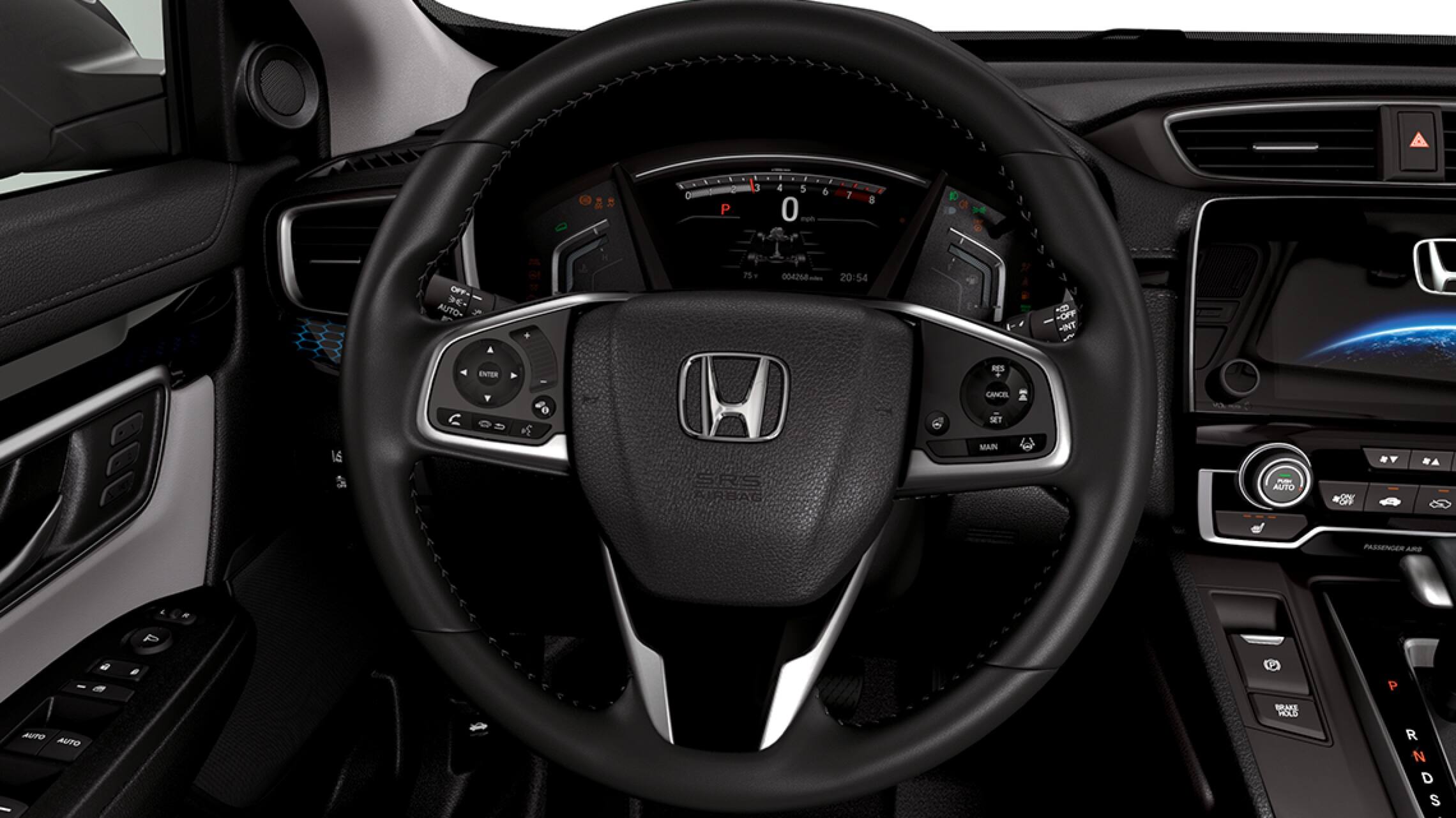 2019 Honda CR-V interior with Honda Genuine Accessory heated steering wheel and control switch. 