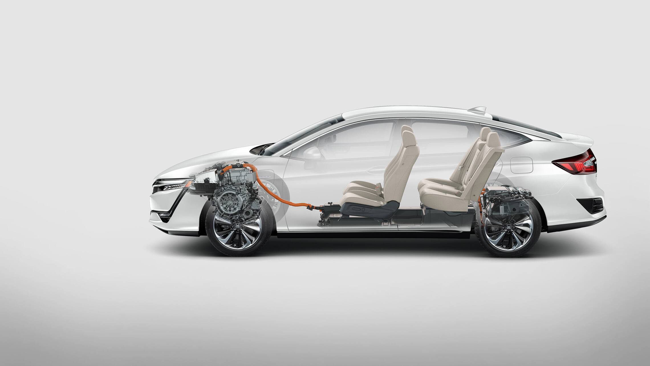 Side profile of 2021 Clarity Plug-In Hybrid with interior shown.